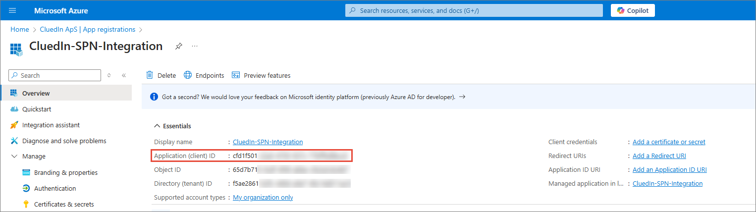App registration Overview page in the Azure portal with the Application (client) ID value highlighted