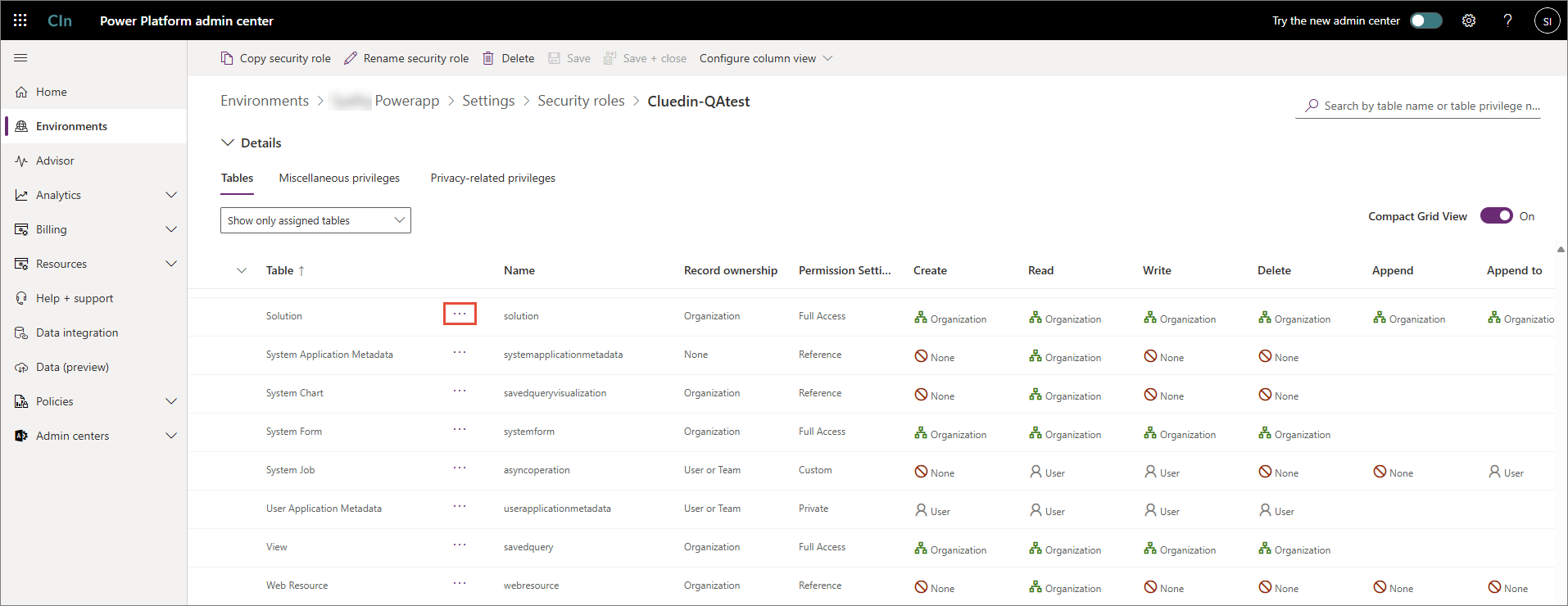 Security role privileges on the Tables tab with the three-dot button next to the Solution table highlighted