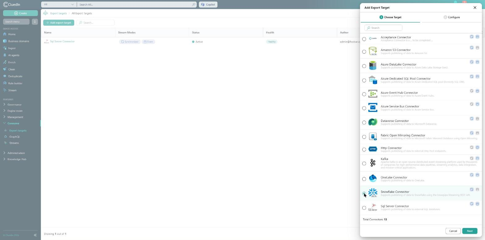Choose Target tab of the Add Export Target pane with Snowflake Connector selected