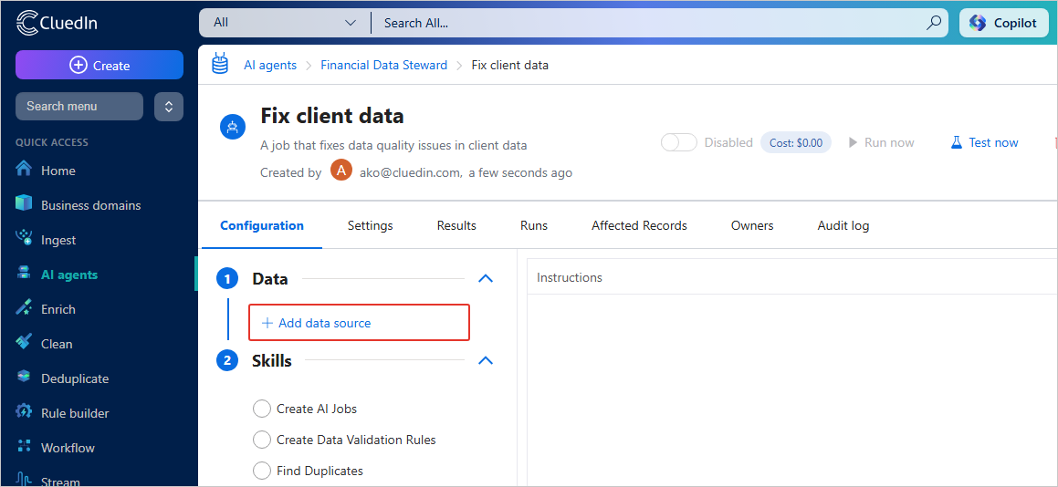 The Configuration tab of an AI agent job with Add data source highlighted in the Data section