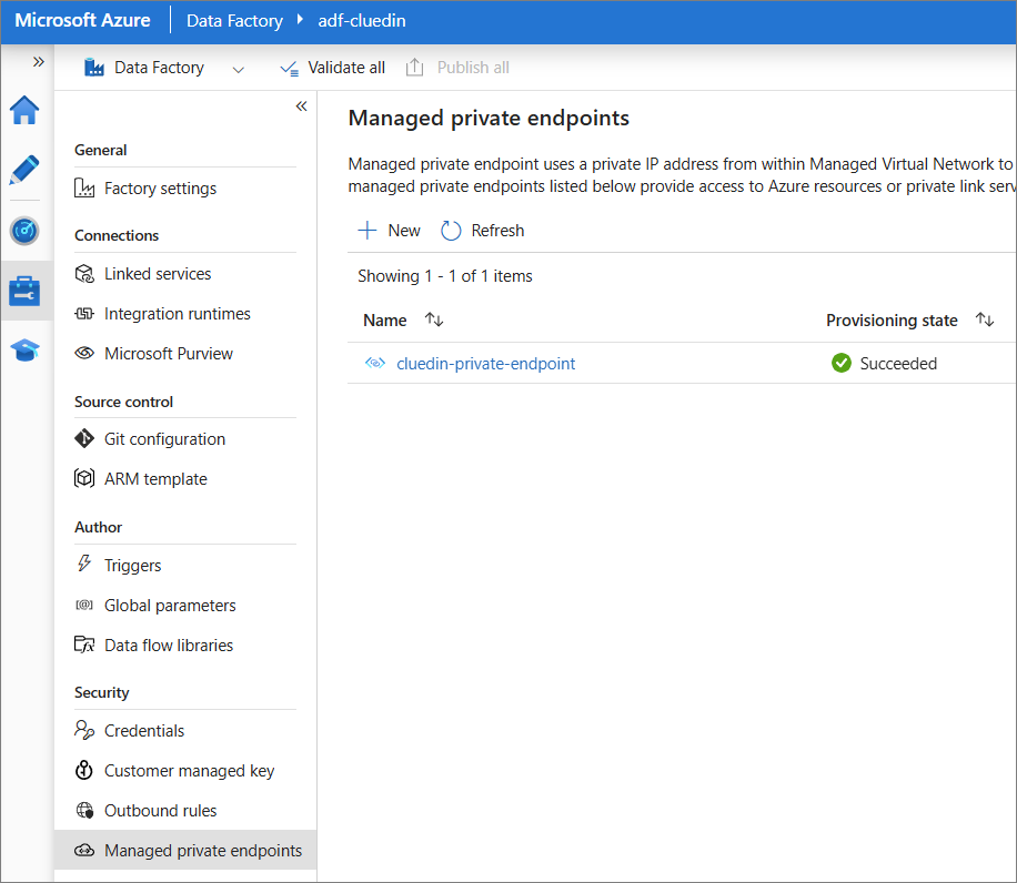 Azure Data Factory Managed private endpoints page listing cluedin-private-endpoint with provisioning state Succeeded