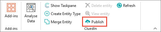 The CluedIn ribbon group with the Publish button highlighted