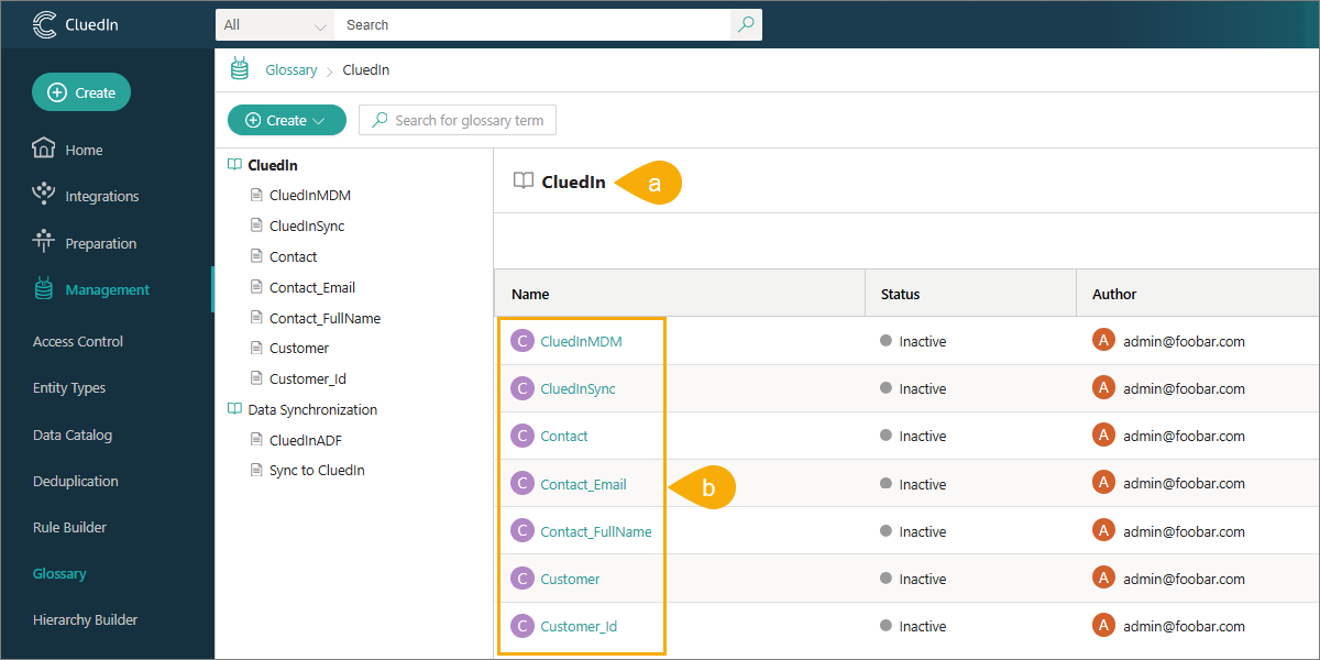 The CluedIn glossary page with the CluedIn category marked a and its synced terms marked b